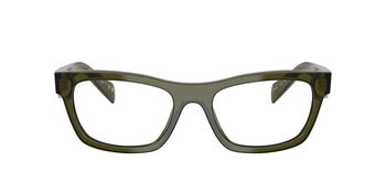 Das Bild zeigt die Prada Brille B01V in Transparent bottle von vorne.